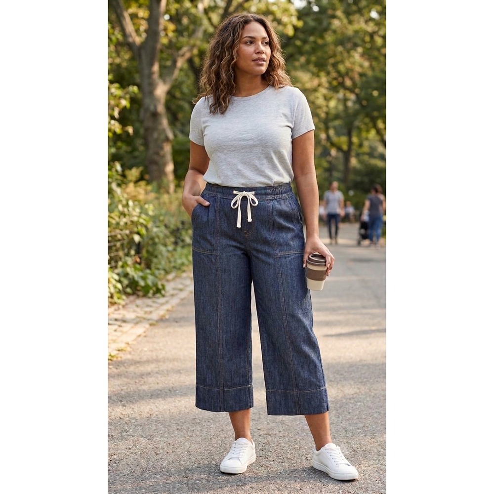 Prosperity Denim Womens Wide Leg Capri Pants Dark Wash Drawstring MP New